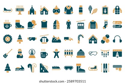 50 linear winter icon pack. vector thin line snowplow, electric heater, chapel, winter cabin, bauble, fur coat, themos flask icons suitable for apps and websites ui designs.