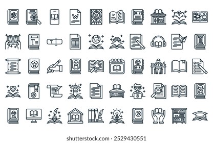 Paquete de iconos del Día Mundial del Libro 50 lineales Vector Día del libro de línea delgada, enciclopedia, libros electrónicos, palabras, revista, capítulo, iconos de diccionario adecuados para App y Sitios web.