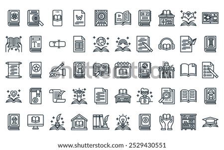 50 linear world book day icon pack. vector thin line book day, encyclopedia, ebooks, words, magazine, chapter, dictionary icons suitable for apps and websites ui designs.