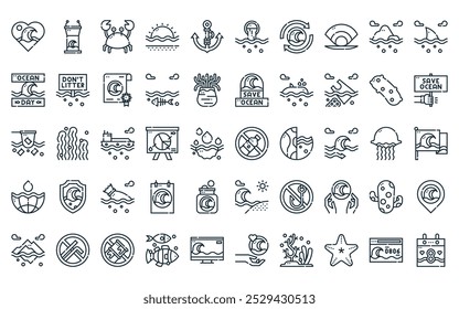 50 linear world ocean day icon pack. vector thin line no plastic, speech, crab, sun, anchor, water pollution, ocean icons suitable for apps and websites ui designs.