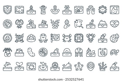 50 linear world ocean day icon pack. vector thin line crab, wave, buoy, lighthouse, anchor, island, fish bone icons suitable for apps and websites ui designs.