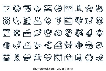 50 linear world oceans day icon pack. vector thin line sea snail, sustainable, shrimp, anchor, whale, world oceans day, spill icons suitable for apps and websites ui designs.