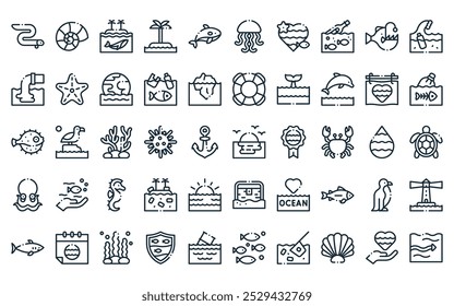 Paquete de iconos del Día Mundial de los Océanos 50 lineales Vector de línea delgada Sol, caracol de mar, océano, isla, delfín asesino, medusas, iconos del Día Mundial de los Océanos adecuados para App y Sitios web.