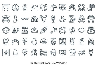 50 linear world pride day icon pack. vector thin line whistle, peace, hot air balloon, platform, people, umbrella, pride day icons suitable for apps and websites ui designs.