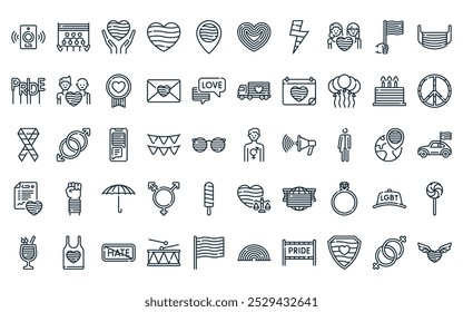 50 linear world pride day icon pack. vector thin line gender neutral, parade, heart, rainbow, pin, heart, lightning icons suitable for apps and websites ui designs.