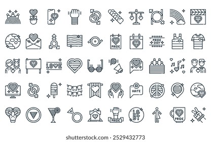 50 linear world pride day icon pack. vector thin line megaphone, sprout, smartphone, fist, gay, rainbow, equal icons suitable for apps and websites ui designs.