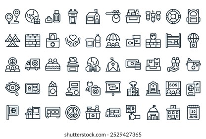 50 paquete de iconos lineales del día mundial de los refugiados Tienda de línea delgada de Vector, transición, equipaje, atril, tienda, fiador, suministra iconos adecuados para App y Sitios web.