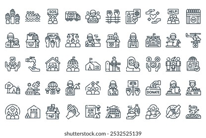 50 linear world refugee day icon pack. vector thin line border, boat, sos, humanitarian help, demonstration, survival, documents icons suitable for apps and websites ui designs.