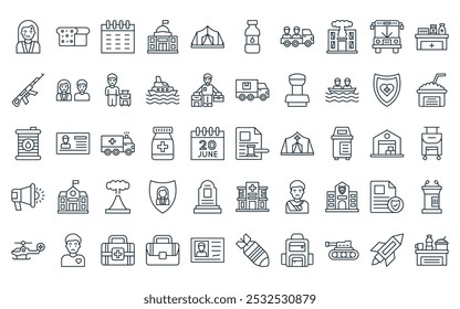 50 linear mundo refugiado dia ícone pack. vetor linha fina leilão, pão, calendário, embaixada, tenda, garrafa de água, pickup ícones adequados para aplicativos e sites ui designs.