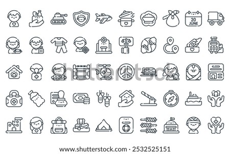 50 linear world refugee day icon pack. vector thin line peace, food, tank, security, airplane, food, hunger icons suitable for apps and websites ui designs.