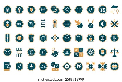 50 linear zodiac icon pack. vector thin line pluto, divinity, greatness, gods omnipressence, gold, leo, aries icons suitable for apps and websites ui designs.