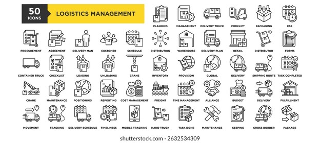 50 Logistics Management icon set. Containing design Planning, Management, Delivery Truck, Forklift, Packaging
