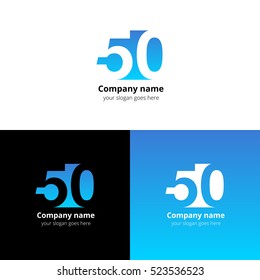 50 logo icon flat and vector design template. Monogram numbers five and zero. Logotype fifteen with light blue gradient color. Creative vision concept logo, elements, sign, symbol for card, brand.