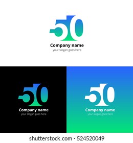 50 logo icon flat and vector design template. Monogram numbers five and zero. Logotype fifteen with green-blue gradient color. Creative vision concept logo, elements, sign, symbol for card, brand.