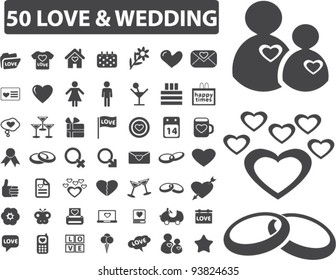 50 love & wedding icons set, vector illustrations