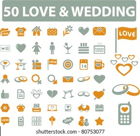 50 love & wedding icons, signs, vector illustrations