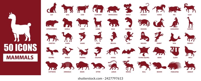 50 Mammals icon silhouette collection with name for every animal	

