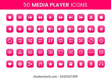 50 Media Player Icons Gradient Design Style. Simple Multimedia Vectors. Perfect Web and Mobile Illustrations.