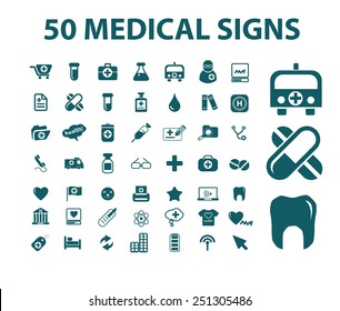 50 medical, health, care, hospital isolated design flat icons, signs, illustrations vector set on background