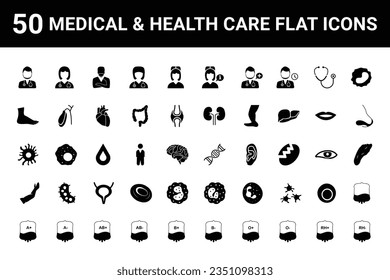 50 medical and health care icon collection flat style isolated on white background. vector illustration for use on web and mobile apps.