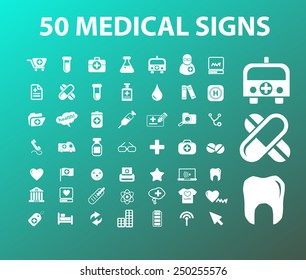 50 medical, health, hospital icons, illustrations, signs set, vector