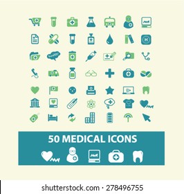 50 medical, health, hospital icons, signs, illustrations set, vector