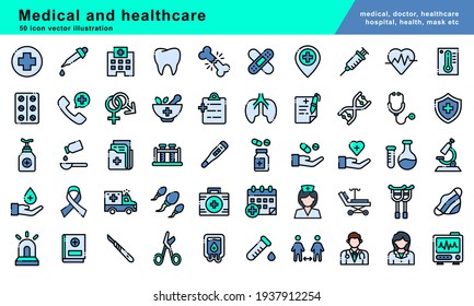 50 Medical and healthcare Elements of a modern filled outline, Simple symbol collection, vector icon illustration