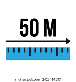 50 meters ruler icon. Vector measure blue scale, size and length isolated on white background