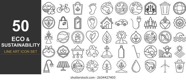 50 Minimal Line Art Icons Representing Eco-Friendly and Sustainable Concepts Like Renewable Energy, Composting, Plastic-Free Living, Tree Planting, and Green Innovation for Digital and Print Use