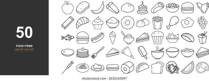 50 Mínimo Linha Arte Vetor Ícones de Pratos e Refeições Globais, Incluindo Sushi, Ramen, Massas, Bolinhos, Salada, Bife, Sobremesa e Frutas - Ideal para Cookbooks, Marca de Restaurante, e Design de UI