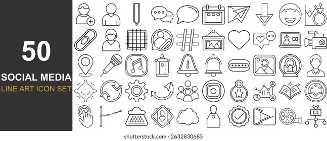 50 Minimal Line Art Vector Icons of Modern Social Media Concepts Including Messaging, Notifications, Likes, Hashtags, and Sharing – Perfect for Mobile Apps, UI UX Kits, and Digital Marketing Assets