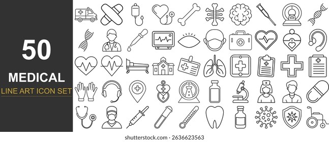 50 Minimal Line Art Vector Icons Representing Essential Medical and Healthcare Elements Including Hospitals, Medicine, Doctors, Equipment, and Telehealth Tools for Digital and Print Projects