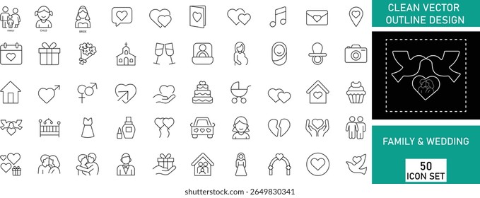 50 minimal line icons for family and wedding themes. Includes couple, marriage, rings, love, baby, parents, children, and celebration elements. Perfect for invitations, websites, and event designs.