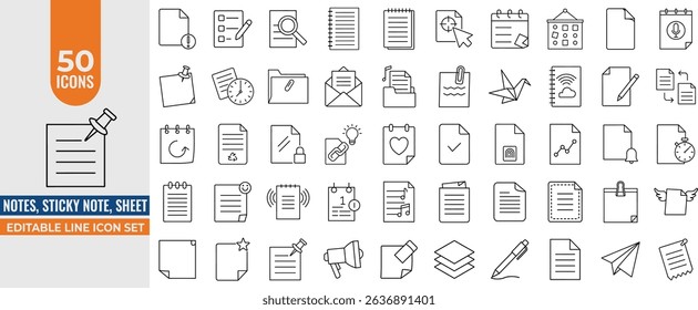50 Minimal Line Icons of Notes, Reminders, Pages and Sticky Notes – Editable Stroke Vector Illustrations