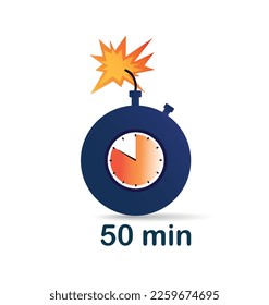 Bomba de reloj de 50 minutos. Plantilla, disposición y burla. Afiche publicitario o banner para el sitio web. Métodos de marketing modernos y oferta limitada. Dibujo vectorial plano de dibujos animados