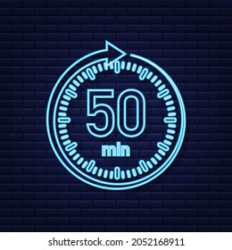 The 50 minutes, stopwatch vector neon icon. Stopwatch icon in flat style, timer on on color background. Vector illustration.