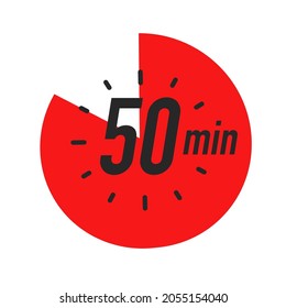 50 minutes timer symbol red color style isolated on white background. Clock, stopwatch, cooking time label, sport icon. Vector 10 eps