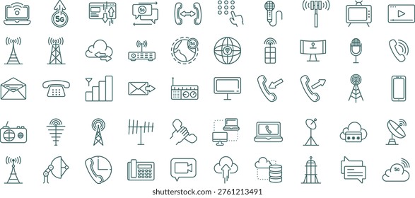 50 Modern 5G Technology and Global Telecommunications Line Icon Set Featuring Wireless Network and Connectivity Vector Symbols