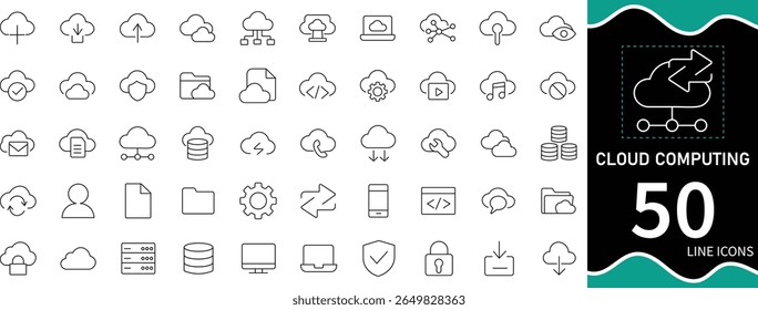 50 ícones de linha modernos para computação em nuvem, armazenamento de dados e tecnologia de rede. Inclui download de upload em nuvem, servidores, sincronização de dados, segurança cibernética e serviços em nuvem. Ideal para aplicativos, TI e tecnologia 