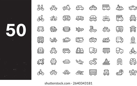 50 modern vehicle line icons set featuring transport types like taxi, train, helicopter, plane, bus, ship, and tram. Thin stroke vector illustration perfect for web, app, UI design