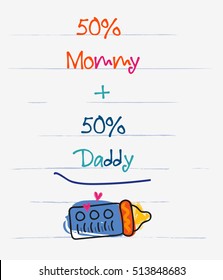 50% Mom - 50% Dad design / Baby shower card / Newborn baby clip art vector stock