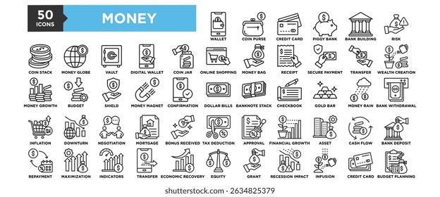 Ícone de 50 Money definido. Contendo financiamento de projetos, dinheiro, negócios, financeiro, bancário, investimento	