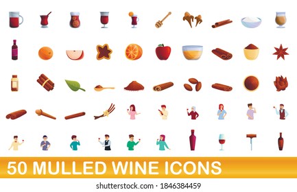 50 mulled wine icons set. Cartoon illustration of 50 mulled wine icons vector set isolated on white background