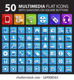 50 Multimedia Flat Icons with Shadows on Buttons.