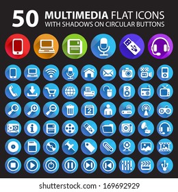 50 Multimedia Flat Icons with Shadows on Circular Buttons. 