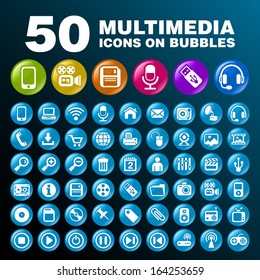 50 Multimedia Icons on Bubbles.