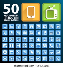 50 Multimedia Icons on Square Buttons.