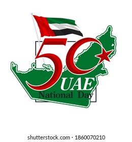 50 National day banner with realistic UAE ribbon flag. holiday illustration card 50 UAE National day Spirit of the union United Arab Emirates, Flat design Logo Anniversary Celebration Abu Dhabi Card