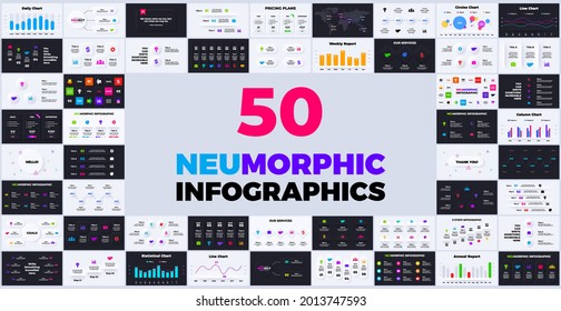 50 Neumorphic infographics. Vector business info graphics set. Presentation graph. Circle diagram template. 3, 4, 5, 6, 7, 8 steps, options.