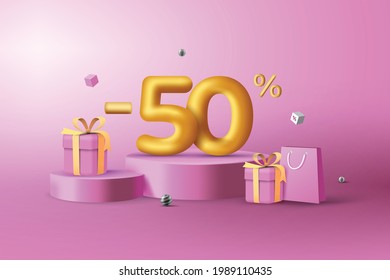 50% Off. 3D Gold Discount numbers on podium with shopping bag and gift box vector. Price off tag design on pink purple background vector illustration